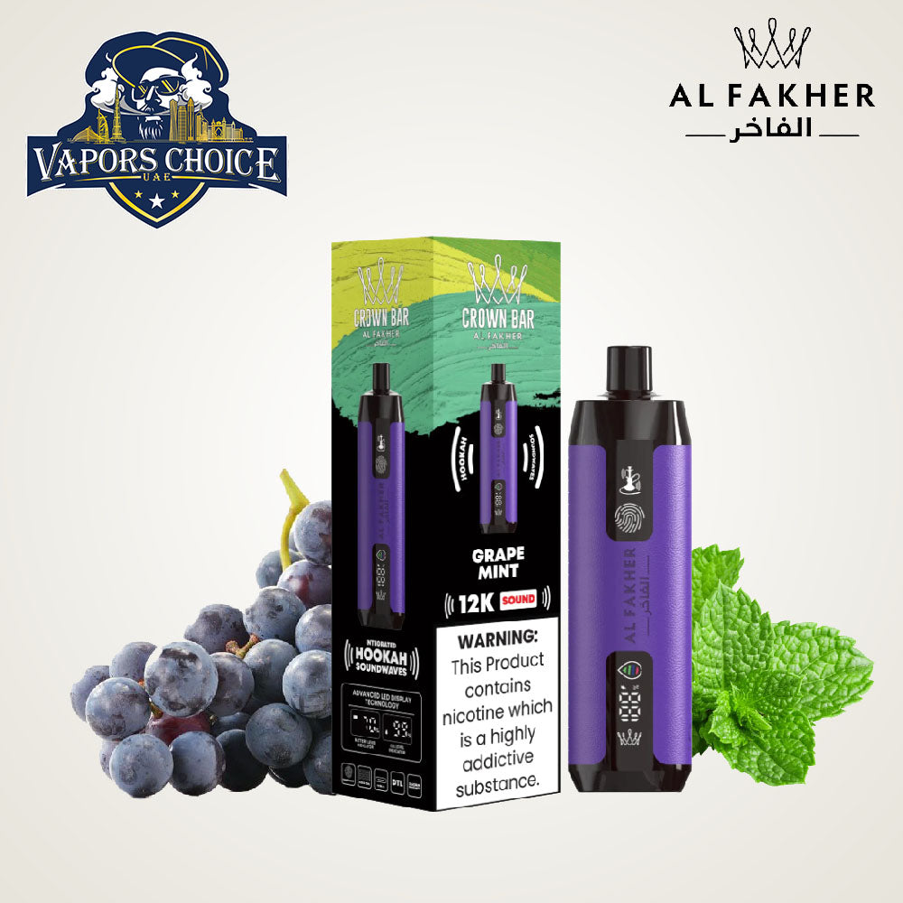 Al Fakher Crown Bar Sound (5mg) 12000 Puffs DLT Shisha Disposable Vape Grape Mint UAE Ras Al-Khaimah